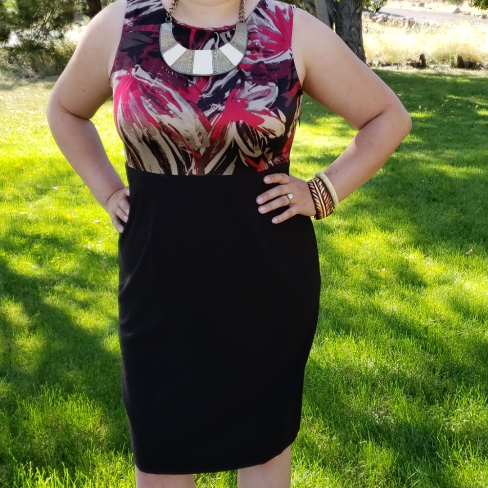 212 Collection Black Gold Maroon Pencil Dress 14